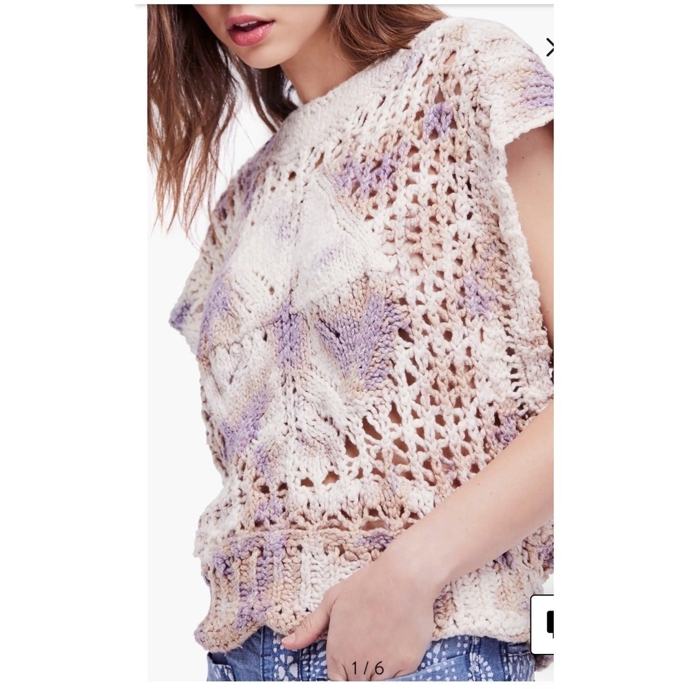Free People Crochet Knit Sweater M Open Weave Tie-Dye‎ Purple Beige Boho Y2K